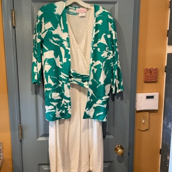 Vintage 80s silk dress w/complementary pattern jacket and sash, new, ivory/green - Picture 1 of 5